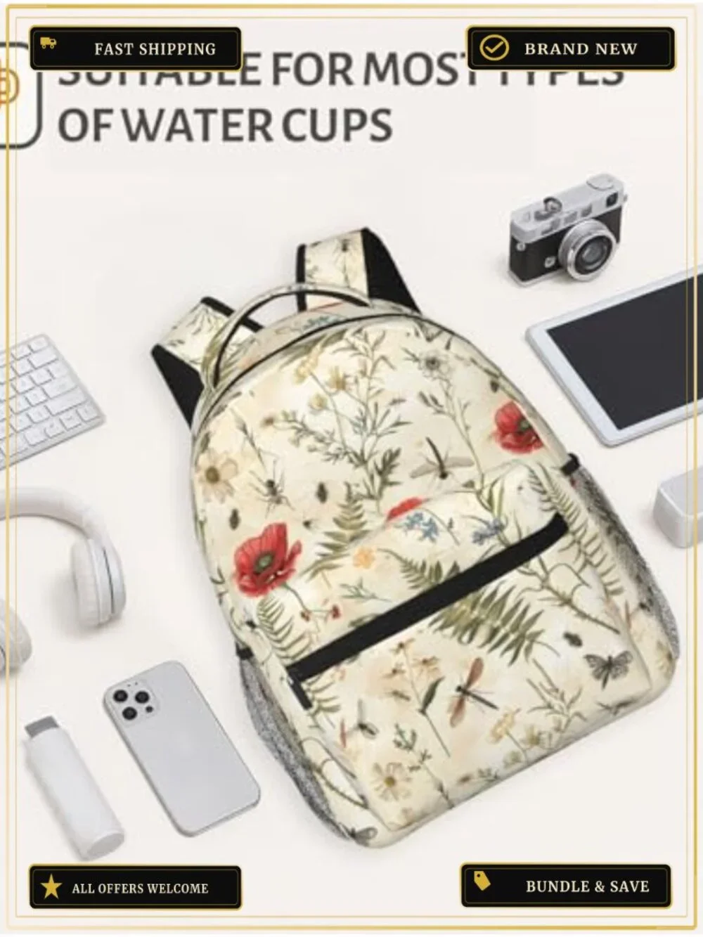 Vintage Floral Chicken Backpack for Women Girls Laptop Travel Camping Hiking